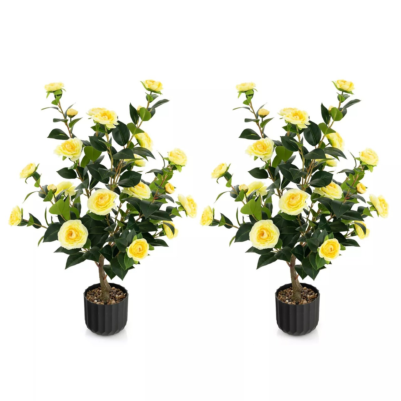 2-Pack 38" Faux Camellia Tree Artificial Floral Plant for Decoration Yellow